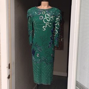 Vintage FABRICE green silk beaded Dress